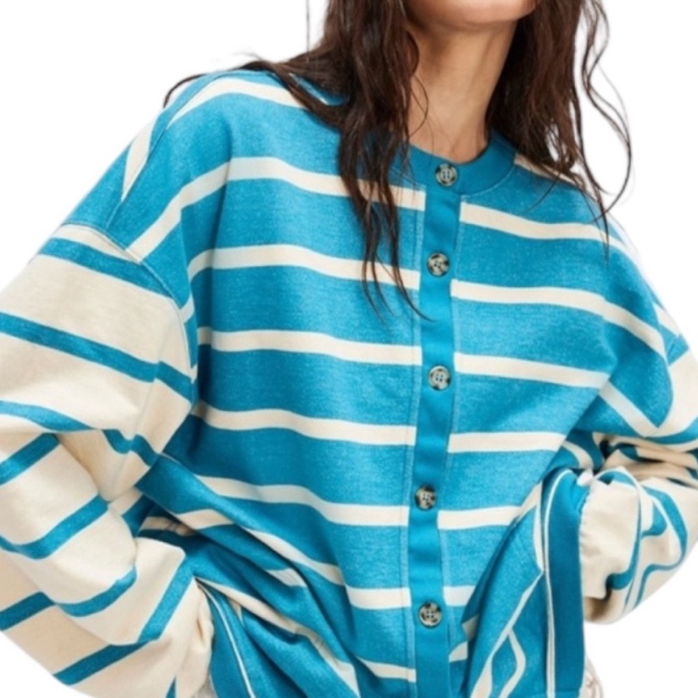 We The Free Classic Stripped Cardigan in Blue Combo Size Medium